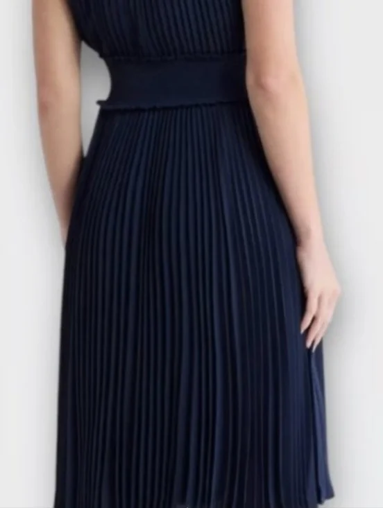 Nanette Lepore Navy Pleated Midi Dress Size 4 Sleeveless High Neck Minimalist - Picture 6 of 8